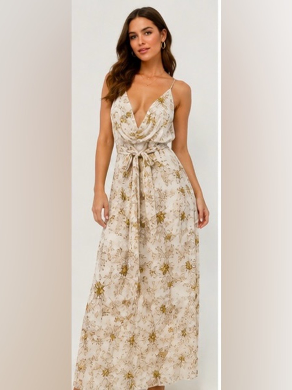 Grade & Gather Floral Maxi Dress Cream Yellow Botanical Deep Plunge Open Back